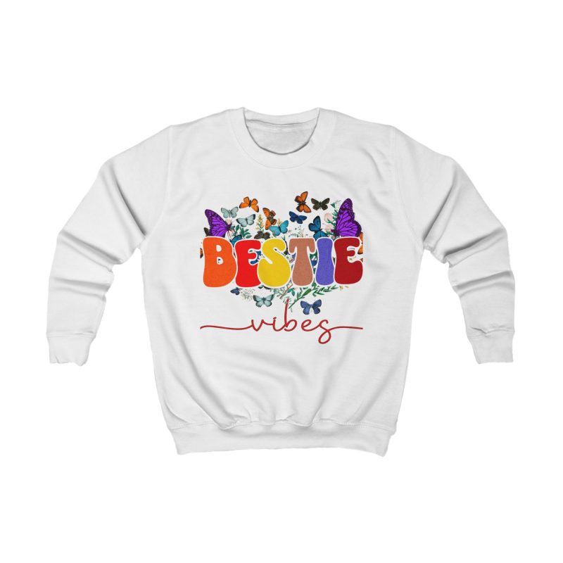 Bestie Vibes Kids Sweatshirt — Colorful Butterfly Friendship Crewneck