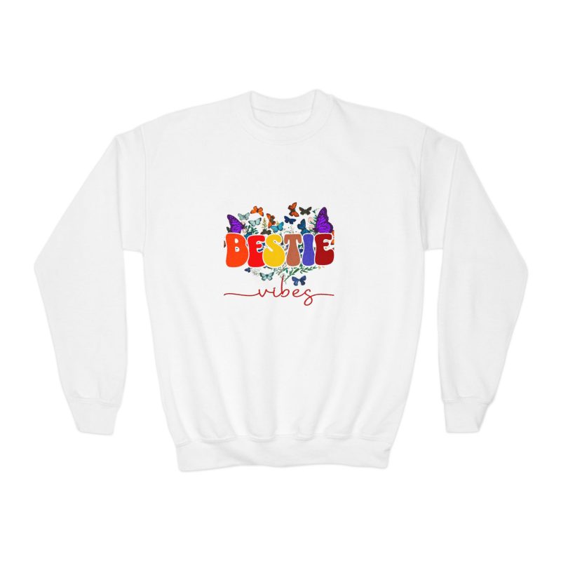 Bestie Vibes Youth Crewneck Sweatshirt - Colorful Butterfly Friendship Design
